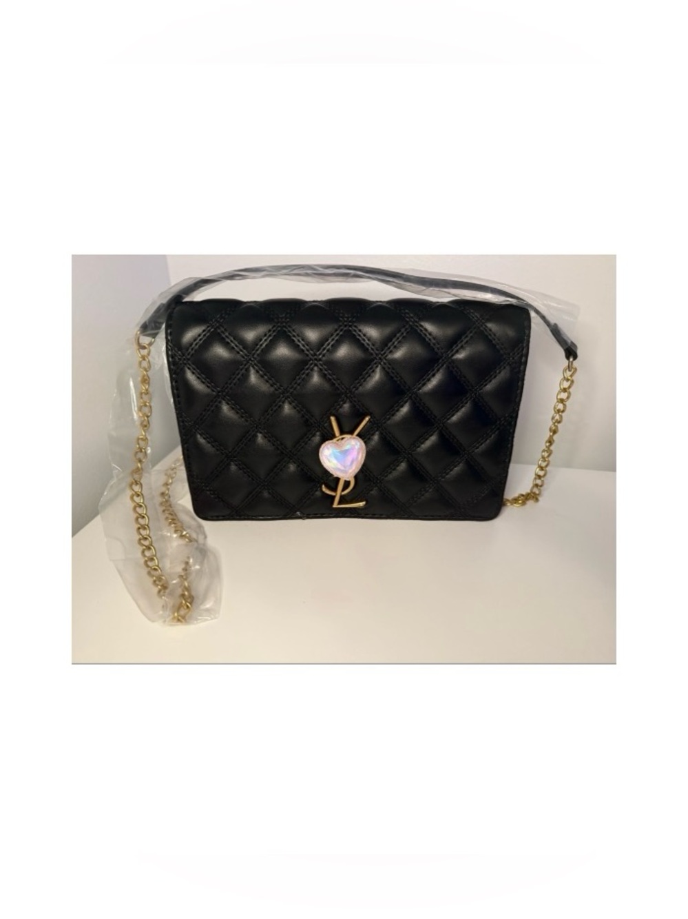 Black Quilted Leather Crossbody Bag with Gold Chain